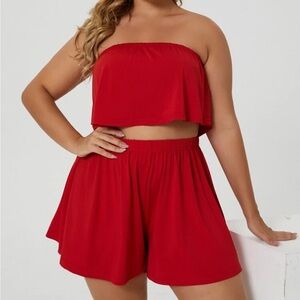 SHEIN Red Strapless Crop Top and Shorts